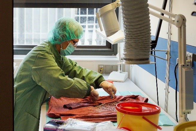 Her er en af vores laboranter i gang med at lave sporsikring på en bluse, inden selve dna-undersøgelsen starter.